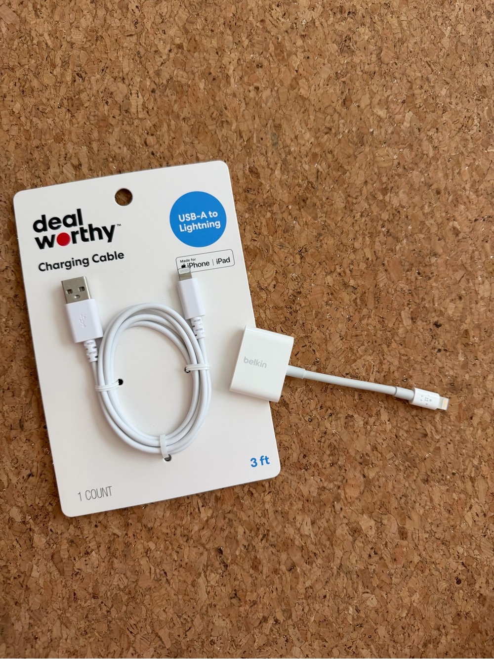 Dealworthy USB-A to Lightning Charging Cable - White & Belkin Lightning Splitter